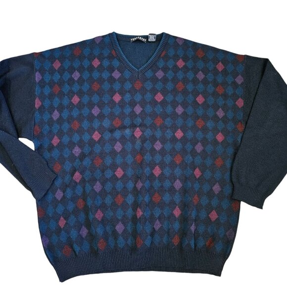 Y2k Mens XXL Preppy Sweater‎ Wool Blend Checkered Diamond Navy Blue Pink Purple - Picture 1 of 7